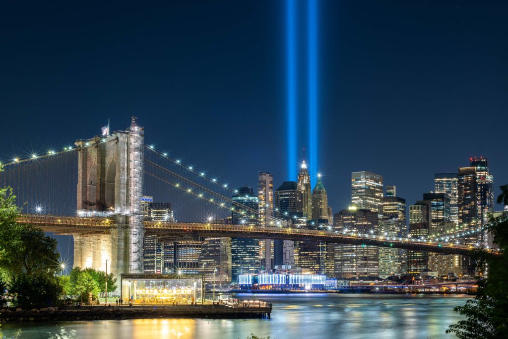 Two lights shine high into the sky in New York City where the Twin Towers used to stand reminding us to prayer a prayer of remembrance for 9/11.
