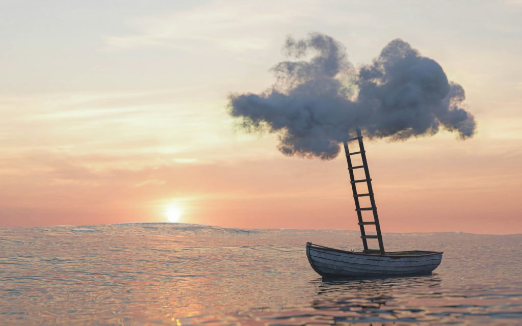 A ladder from a cloud to a boat on the ocean at sunset shows how sleep sparks creativity.