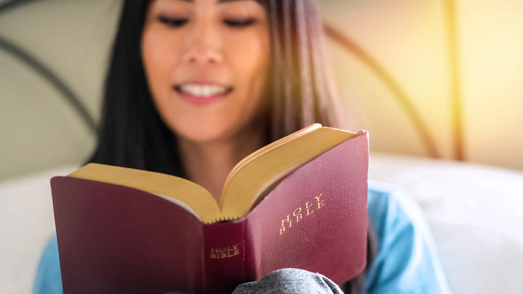 Royalty-free stock photo: A woman reads her Bible at bedtime