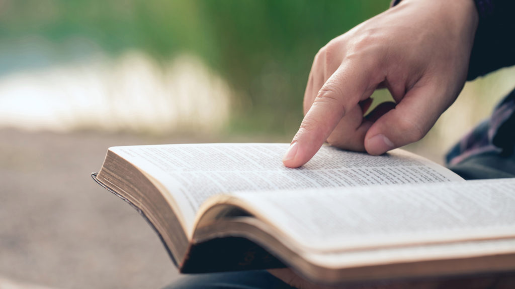Royalty-Free Stock Photo: Close-up of man's hands while reading the Bible outside.